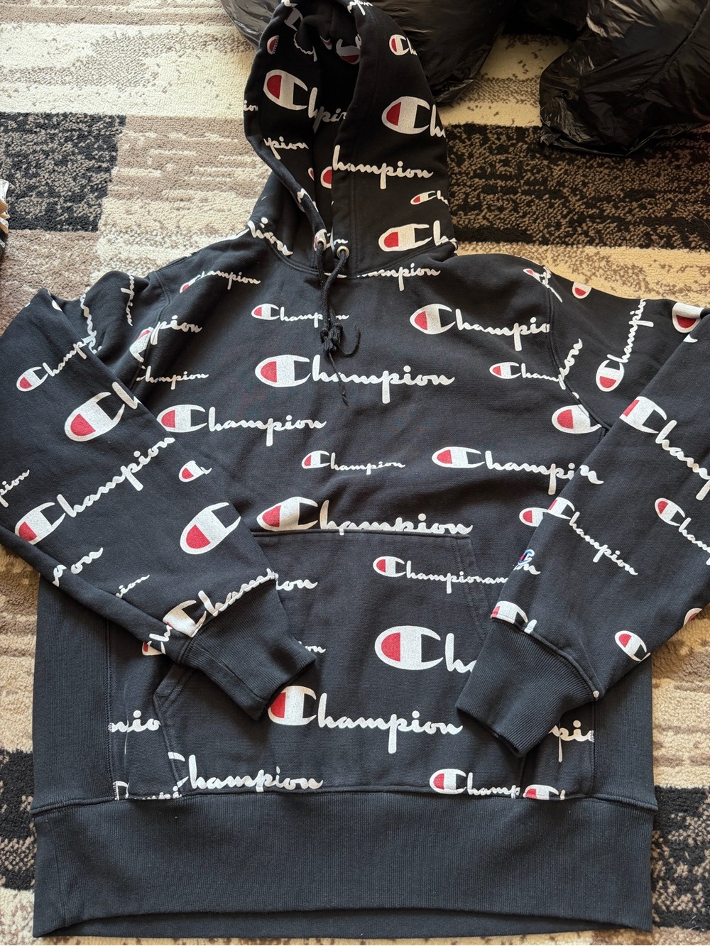 Thick Champion Black Hoodie with White & Red Logo Allover Print - Men's Sweater